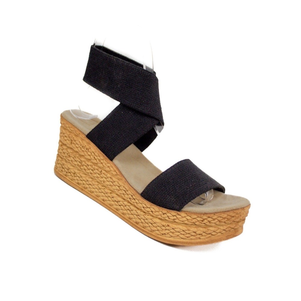 Charleston Shoe Co Bermuda Sandal in Black / Tan Platform Wedge- Women's Size 6